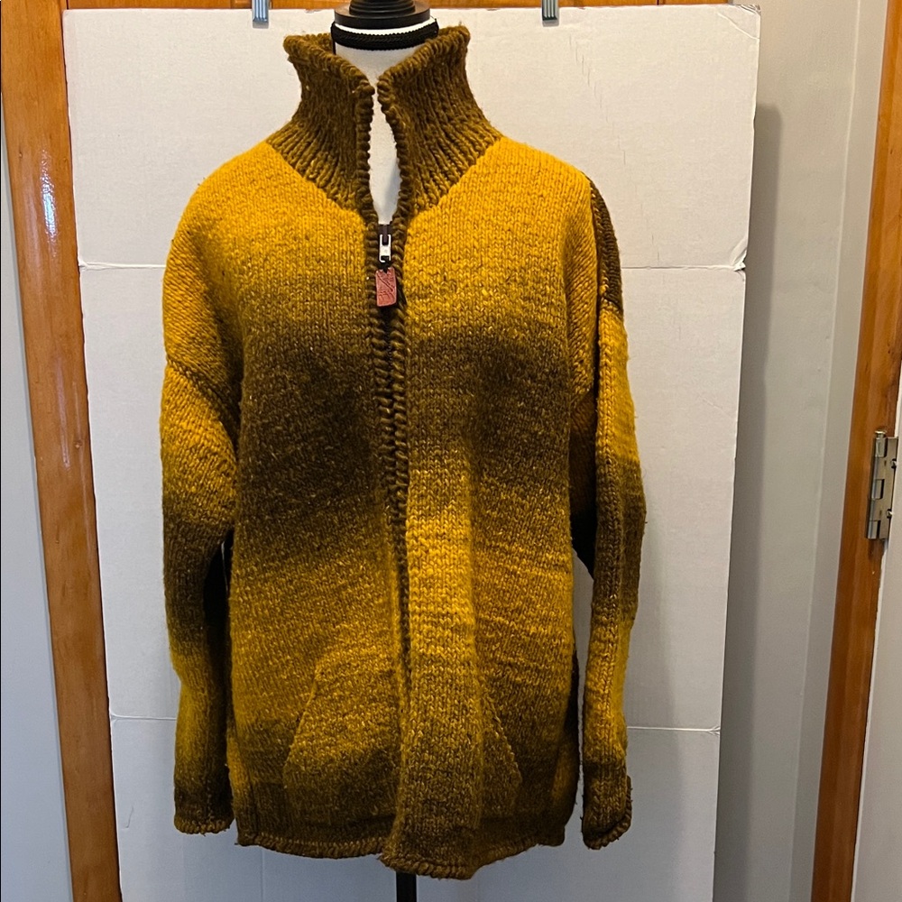 Cozy Mustard Yellow Zip-Up Sweater, handmade 100% wool
